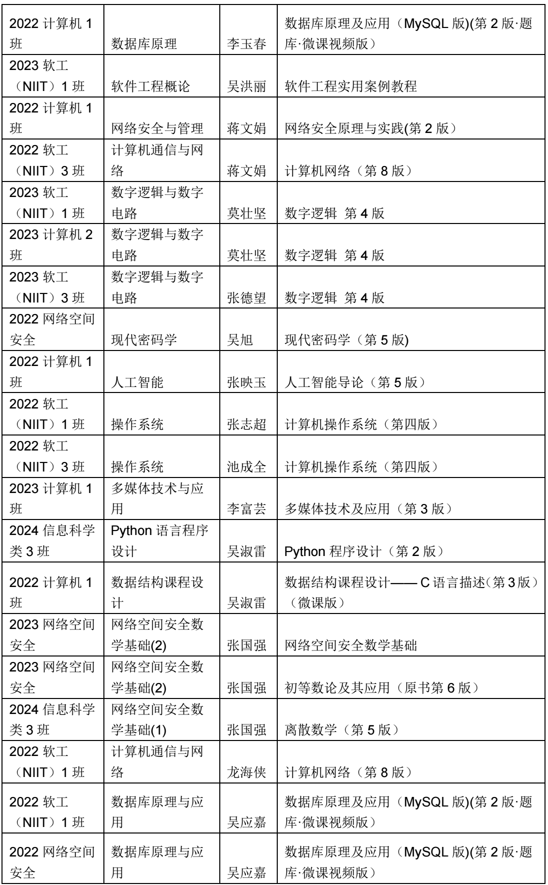 2024-2025(1)学期信息科学技术学院 课程教材选用公示