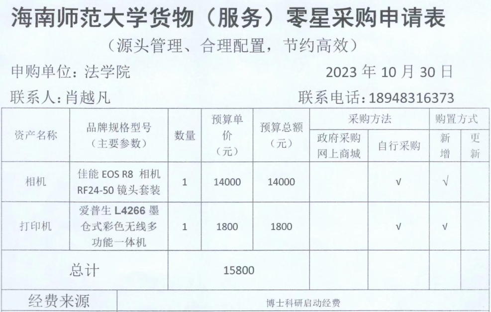 关于肖越凡购买相机镜头、打印机的公示