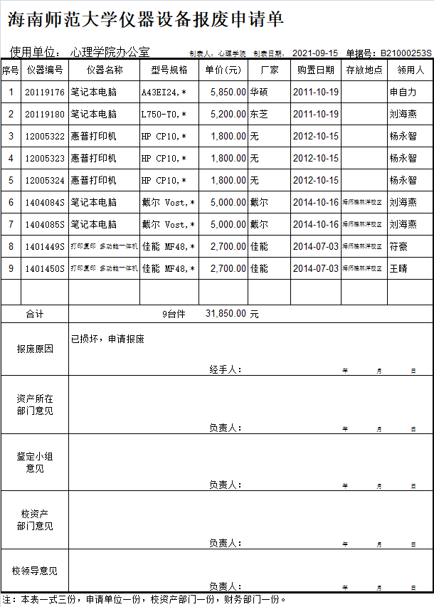 心理学院固定资产报废公示