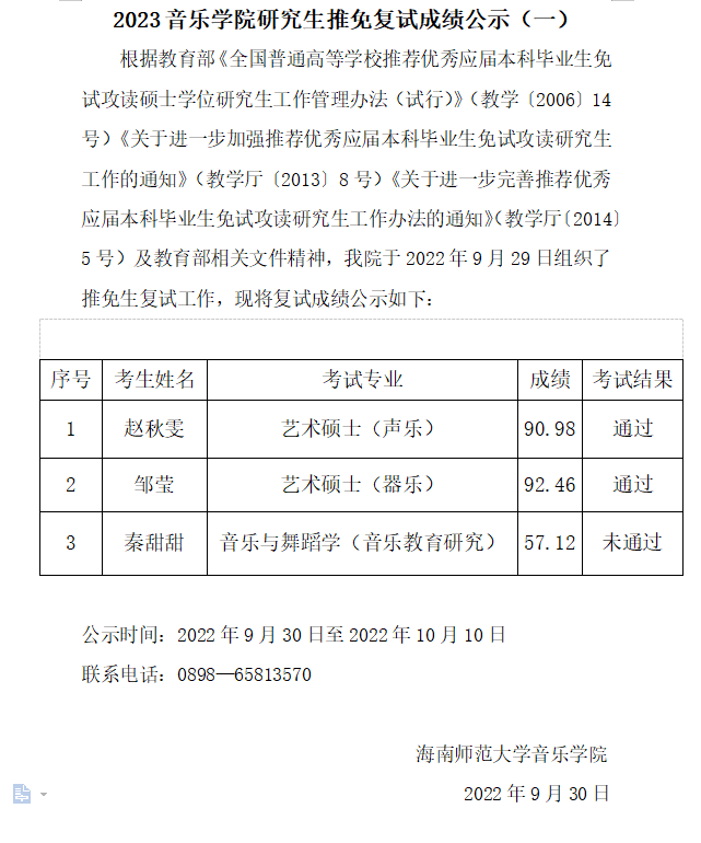 2023音乐学院研究生推免复试成绩公示（一）